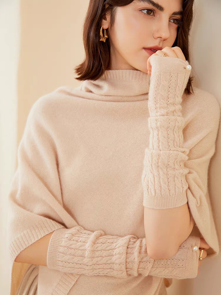 针织羊绒羊毛长款露指手套女士麻花珍珠保暖护胳膊秋冬袖子手臂套
