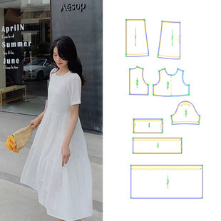 纸样裁剪图纸582白纸小清新宽松夏季圆领连衣裙新款女装裙样板