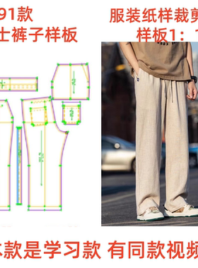 服装裁剪图1191款 男士棉麻休闲直筒阔腿裤纸样 样板设计图DIY1:1