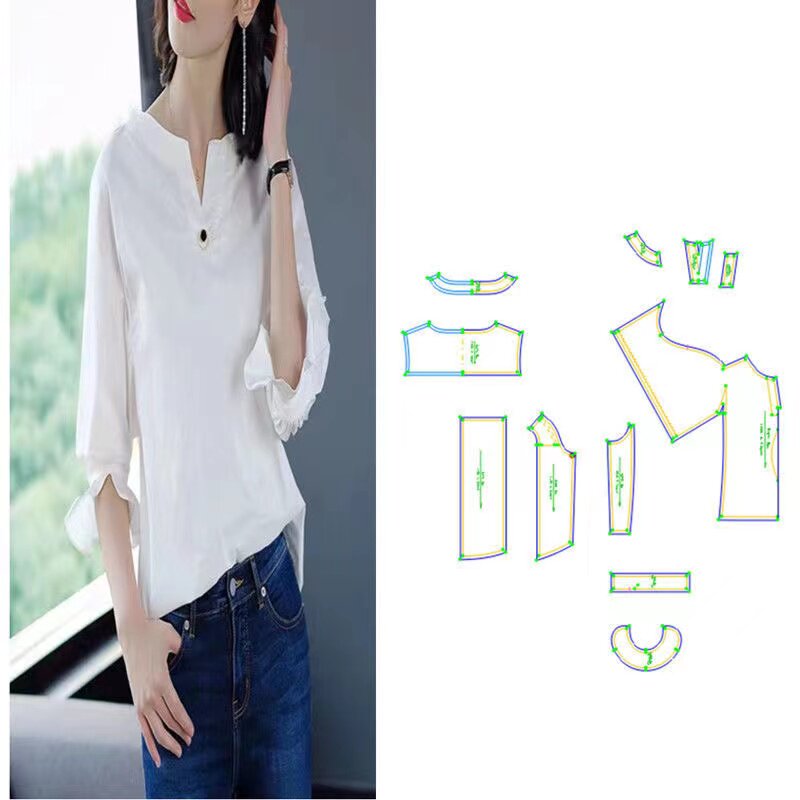 纸样585裁剪图纸2021新款七分袖白衬衫宽松v领中袖上衣样板