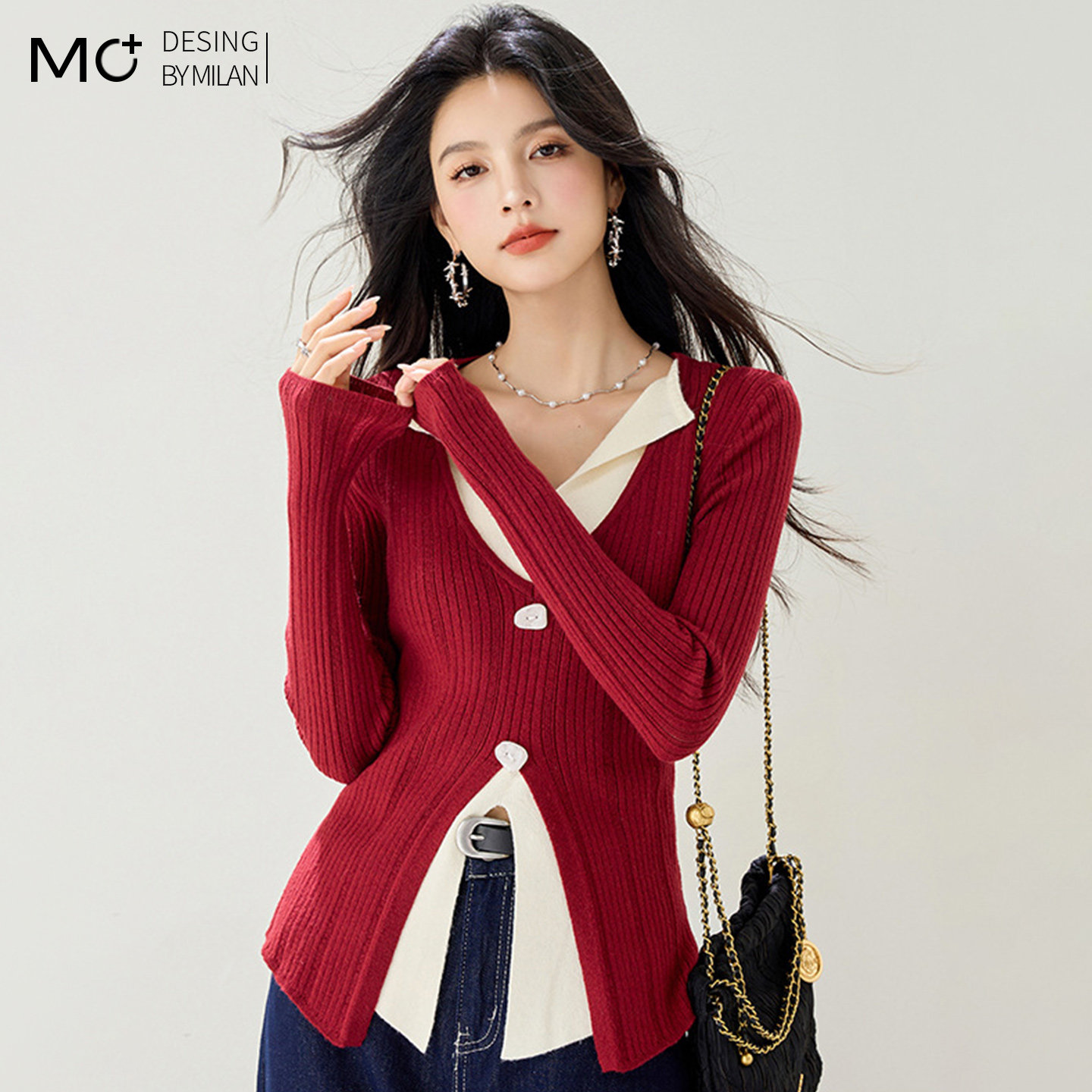 2026春季新款红色假两件v领针织衫上衣修身设计感可外穿打底衫女