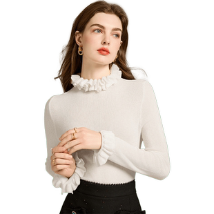 加绒内搭毛衣长袖针织衫上衣女2026春季新款洋气木耳边立领打底衫