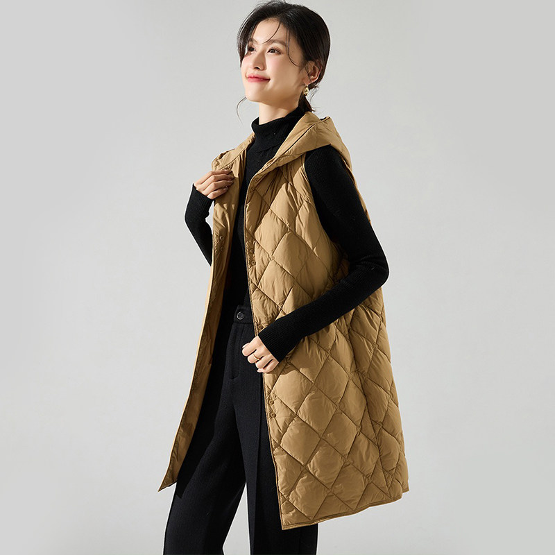 2025秋冬新款升级版石墨烯叠穿V领中长款连帽羽绒服马甲女轻薄