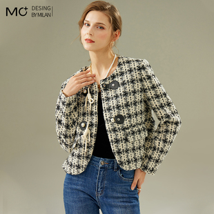 2025春秋新款格子粗花呢短款小香风毛呢外套气质名媛高级感上衣女