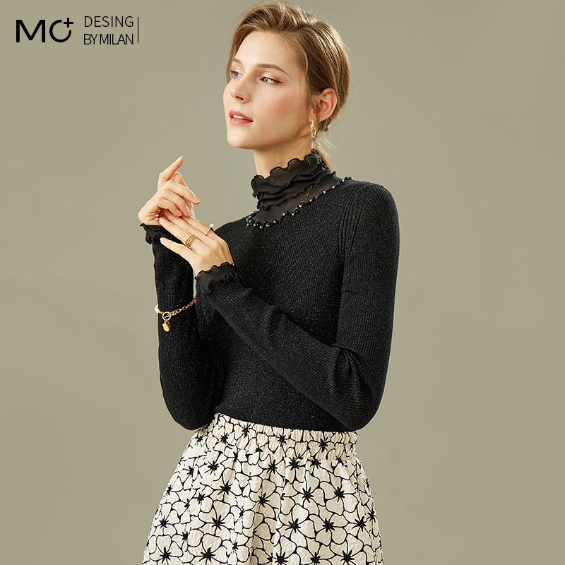 羊毛半高领套头蕾丝针织打底衫女