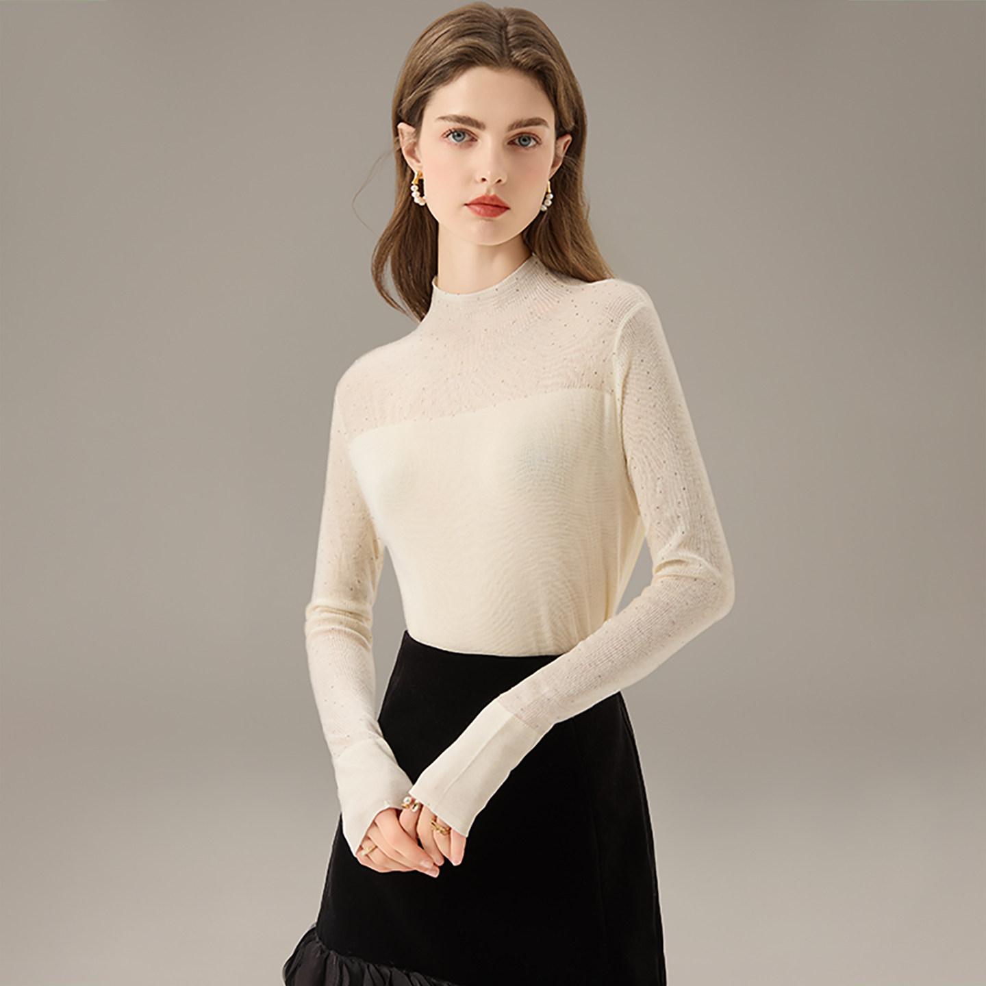 2025秋季新款烫钻镂空半高领喇叭袖修身内搭打底衫女毛衣可外穿,女装/女士精品,毛针织衫,淘宝优惠券,粉丝福利购,淘宝优惠卷