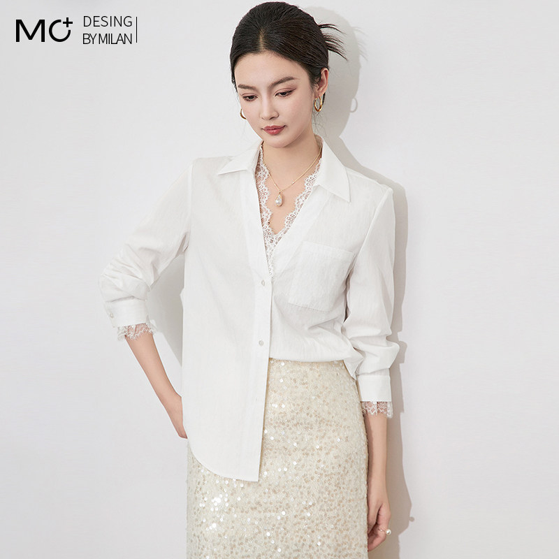 2025秋季新款优雅蕾丝拼接翻领上衣通勤长袖时髦洋气衬衫女衬衣