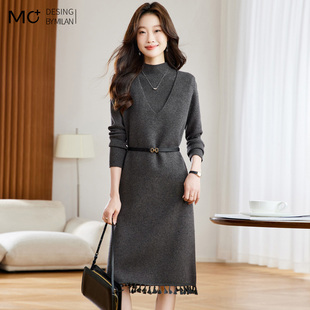 秋冬韩系高级感毛衣穿搭套装 针织马甲连衣裙女两件套流苏 中长款