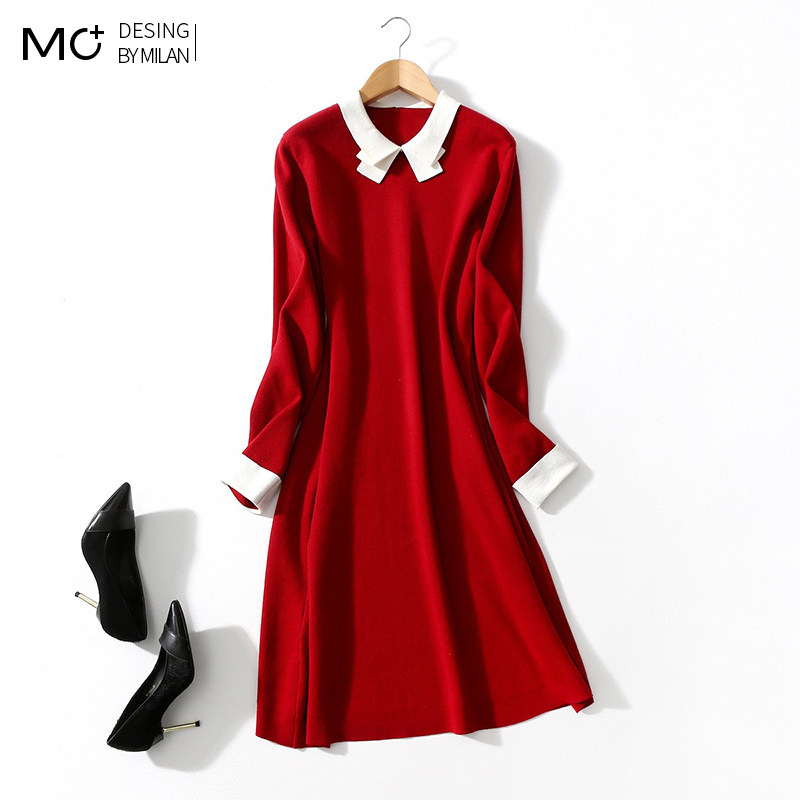 2025春秋季新款法式POLO翻领宽松显瘦长袖中长款红色针织连衣裙女