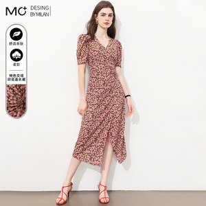 2026夏季新款V领碎花收腰过膝开叉气质法式高端垂坠感雪纺连衣裙