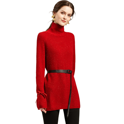 系带羊毛混纺毛衣法式高领宽松