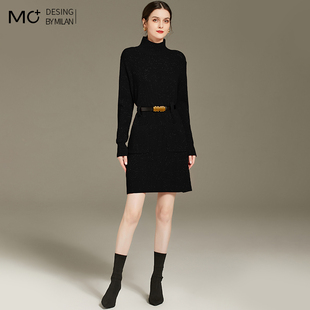 高领毛衣女中长款2025秋冬新款红色羊毛衫收腰时尚亮丝针织连衣裙