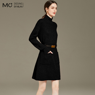 2025秋冬新款半高领内搭中长款高腰打底亮丝法式漂亮针织连衣裙子