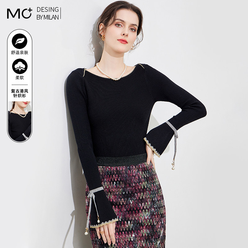 2025秋季新品喇叭袖港风修身显瘦针织打底衫内搭一字领毛衣上衣女,女装/女士精品,毛针织衫,淘宝优惠券,粉丝福利购,淘宝优惠卷