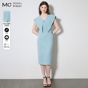 法式高级感亮丝轻奢御姐风显瘦收腰重工亮片无袖中长款翻领连衣裙