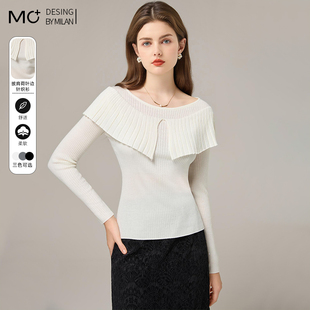 2025秋冬新款一字肩荷叶边针织衫女修身显瘦打底衫毛衣上衣