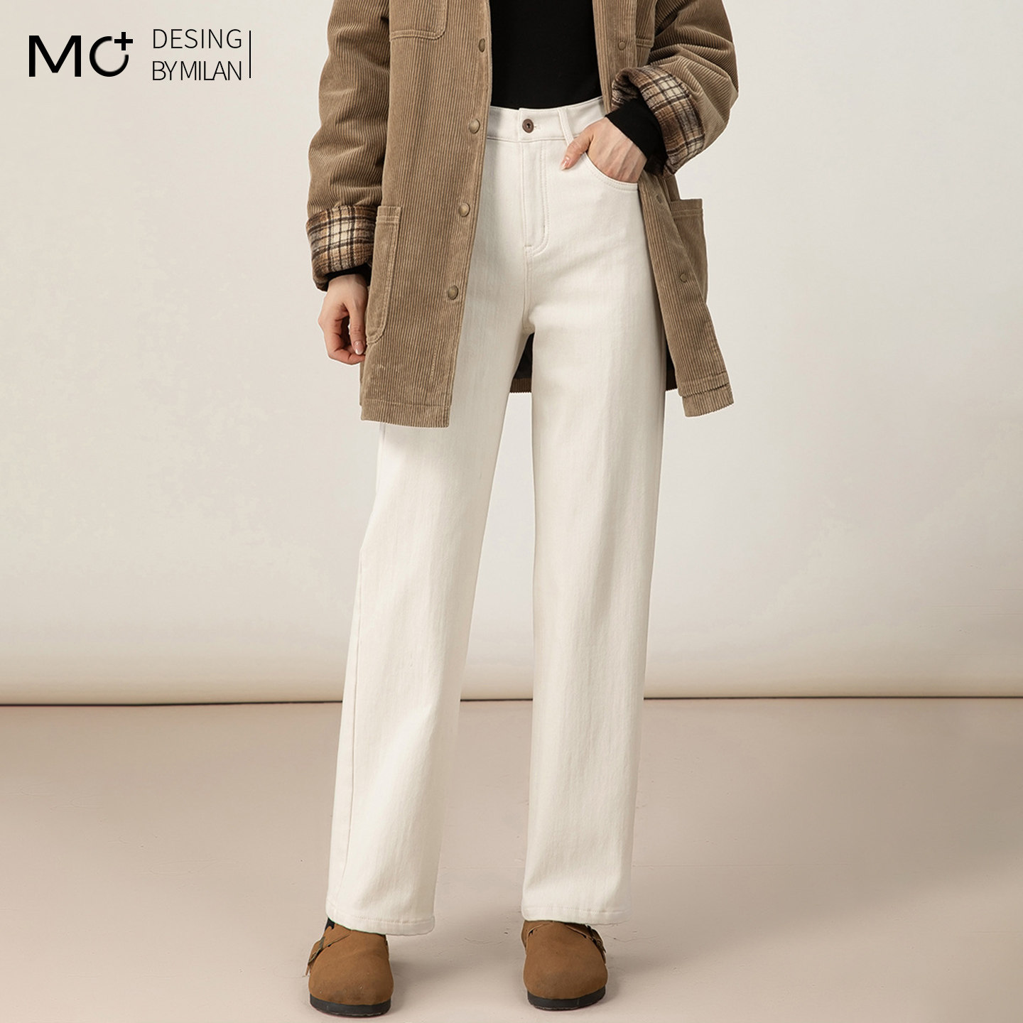 2025新款秋冬季高端加绒加厚牛仔裤女米白色显瘦裤子九分直筒裤