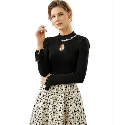 针织半高领钉珠打底衫女