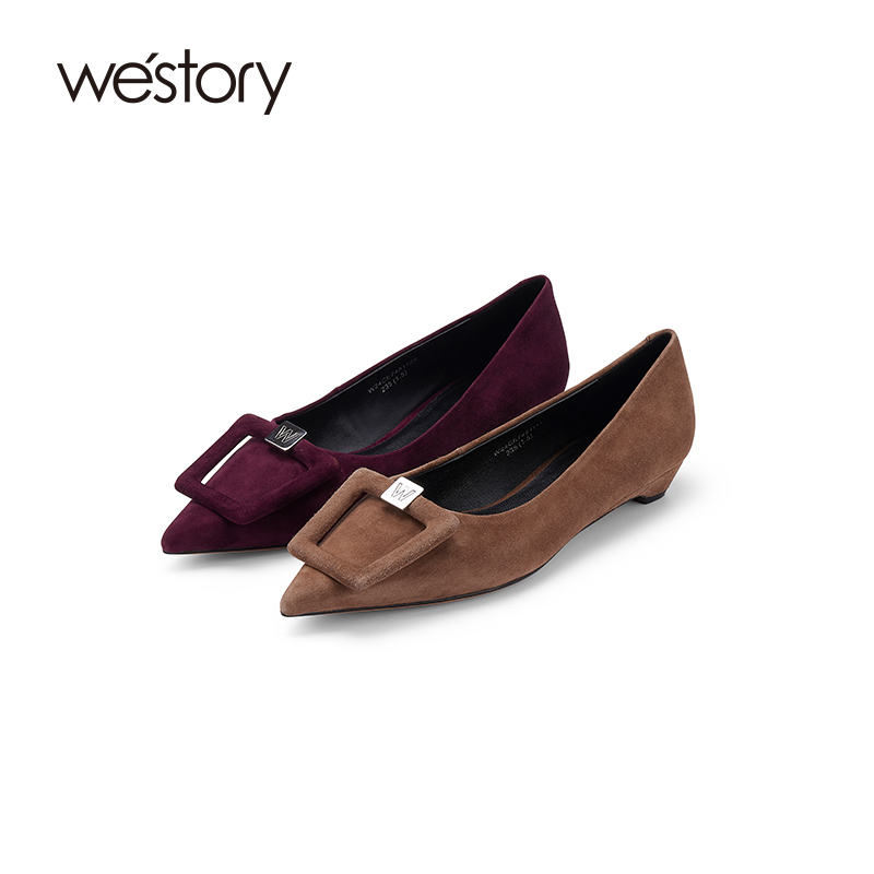 westory2025年秋季新款优雅经典绒面时装鞋尖头平地舒适浅口单鞋