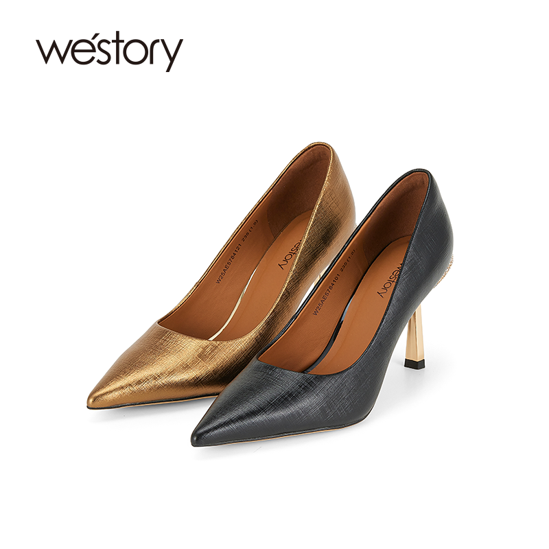 westory2025秋冬新款黑色尖头细跟浅口通勤性感百搭高跟鞋单鞋