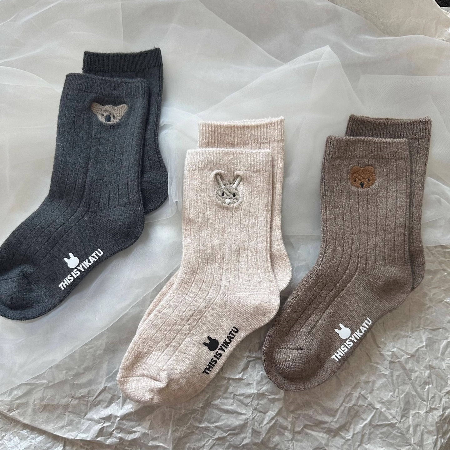 儿童袜子男女童春秋新款袜子刺绣小动物考拉中筒童袜学生宝宝棉袜