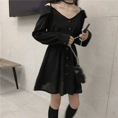 Real shot real price Hepburn Style Sexy shoulder leakage dark little black skirt women's slim suspender dress