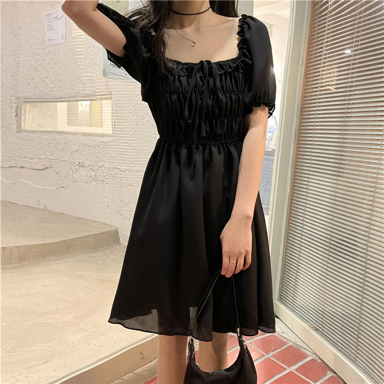 Real price real shot campus Spice Girl square neck small black skirt close waist short sleeve Platycodon grandiflorum dress women's black