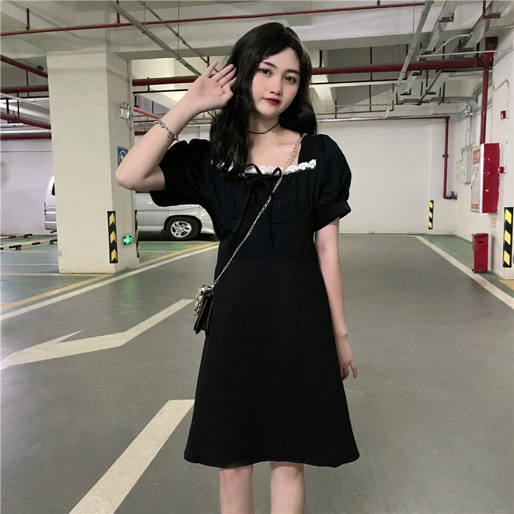 Real price real shot sweet girl dress female minority square collar bubble sleeve summer new style