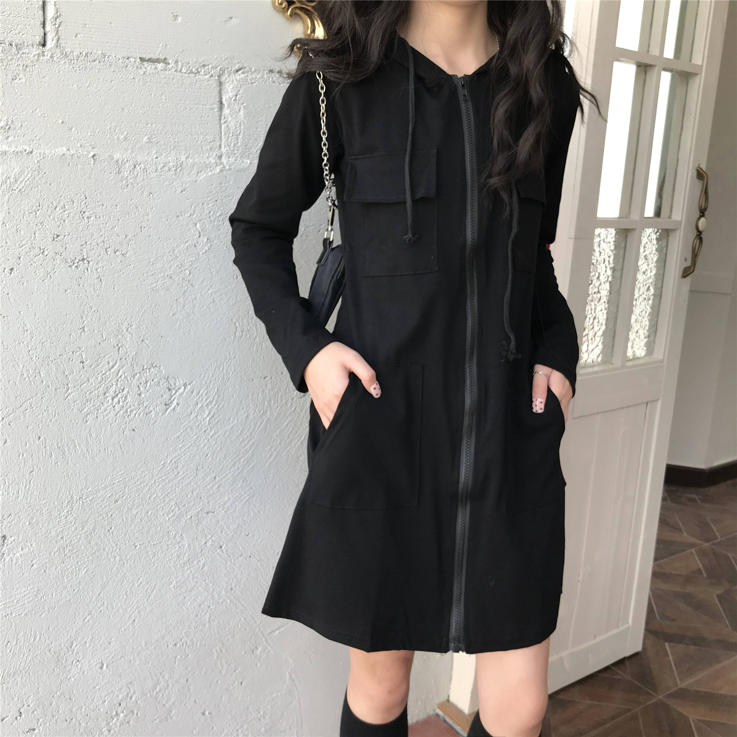 Real price shooting show thin waist closing casual dress design sense small hooded toilet dress