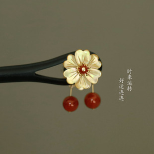 原创【时来运转】高级深海黄蝶贝发簪黑檀木双面新年喜庆日常盘发