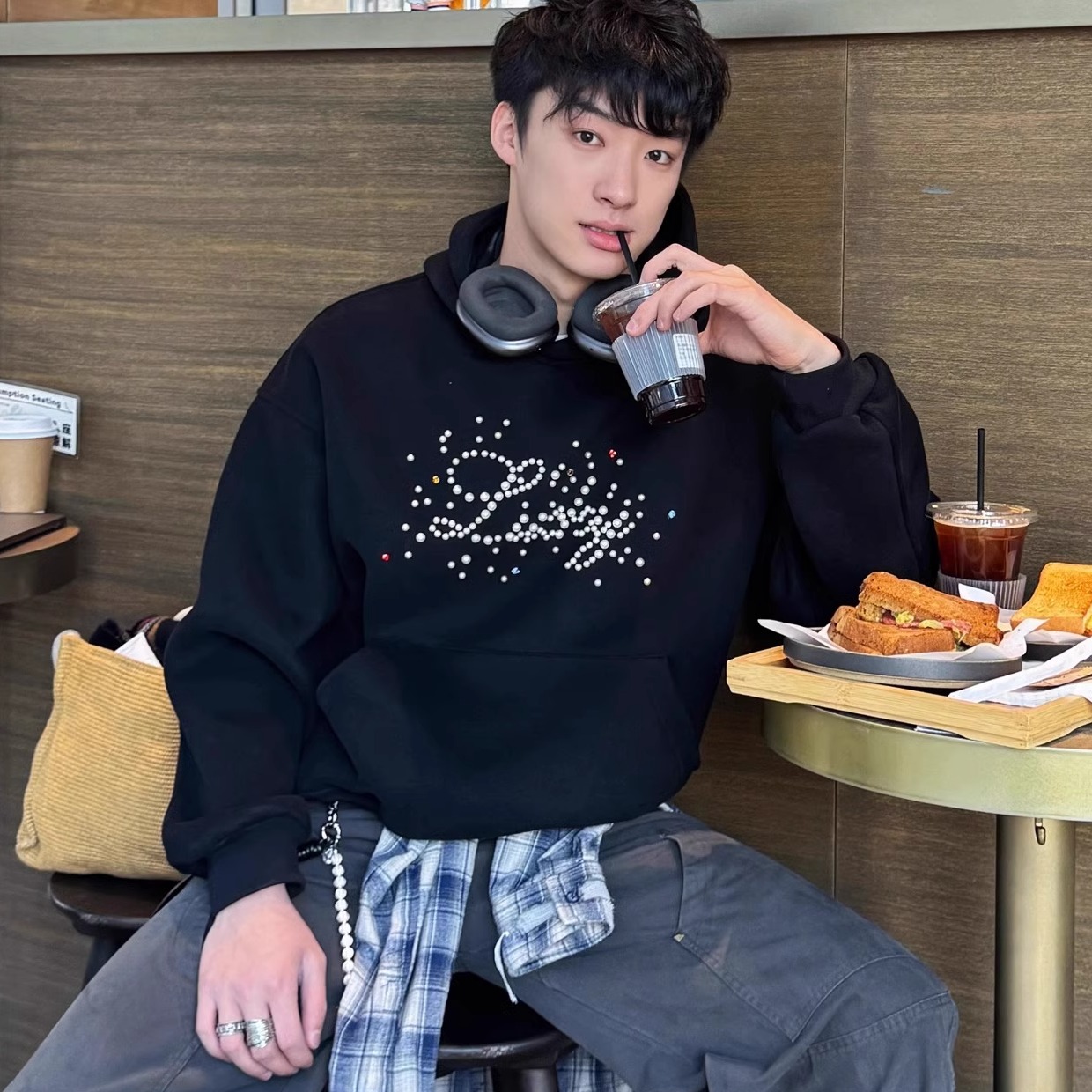 Free Verse 复古字母印花连帽卫衣男春季新款宽松休闲百搭上衣