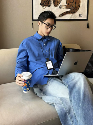 Free Verse2025新通勤宝蓝显白衬衫男宽松直筒长袖休闲