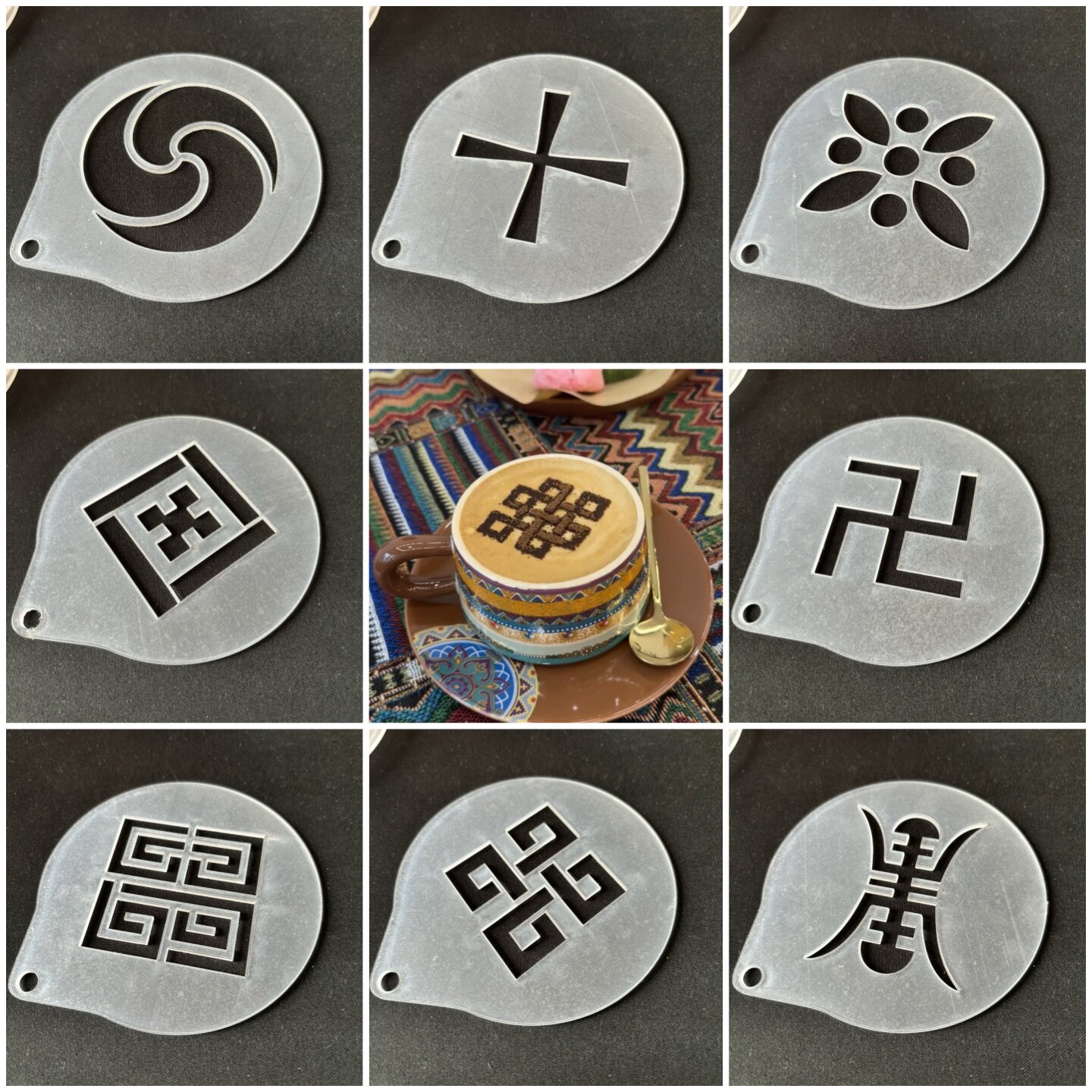 4寸藏式吉祥结牦牛奶咖啡撒粉图案 网红打卡经典符文咖啡印花模具