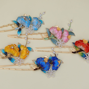 非遗绒花发簪古风发饰步摇汉服头饰中国景泰蓝新中式发钗点翠簪12