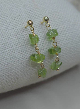 iion手作设计复古宫廷碎石耳饰S925银针镀14K真金橄榄石耳环94