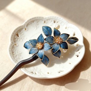 蓝精非遗手工蚕丝绒花发簪檀木古风盘发簪子新款发钗汉服发饰187