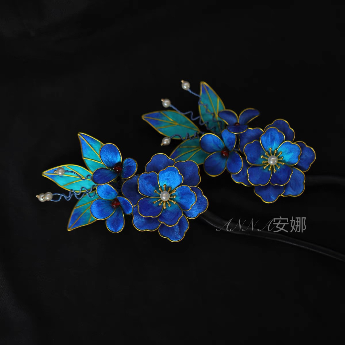 绒花发钗黑檀木仿点翠发簪新中式掐丝绒花秀禾服新娘头饰品3