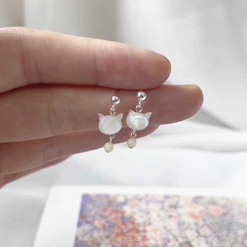 可爱小猫耳钉925纯银贝壳猫咪少女心耳饰短款耳环小众设计90