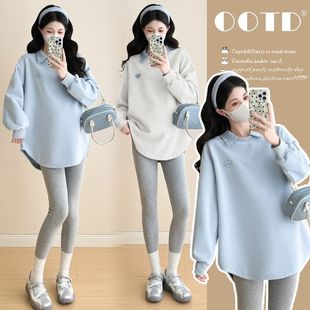 T恤衫 2025春秋季 宽松卫衣长款 孕妇装 刺绣拼接格子衬衣领上衣 新款