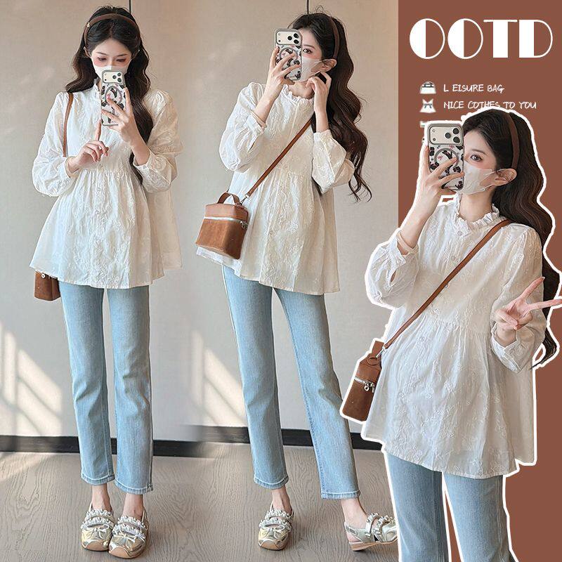 春季新款孕妇装娃娃衫时尚洋气孕期遮肚蕾丝衬衫韩版长袖甜美上衣