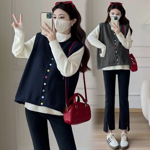 春秋新款 孕期洋气大码 针织打底衫 两件套韩版 毛衣上衣 马甲 孕妇装