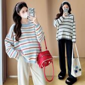 圆领条纹针织衫 装 春季 慵懒风休闲大码 百搭套头上衣显瘦 新款 孕妇装