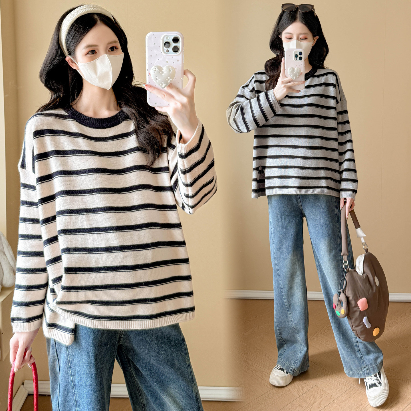 春秋新款孕妇装条纹针织衫毛衣女