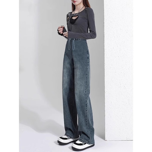 孕妇加绒牛仔裤秋冬宽松抽绳调节直筒裤宽松孕妇装窄版阔腿裤显瘦