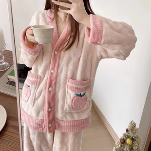 可爱睡衣女士秋冬长袖珊瑚绒加厚加绒学生法兰绒加大码家居服