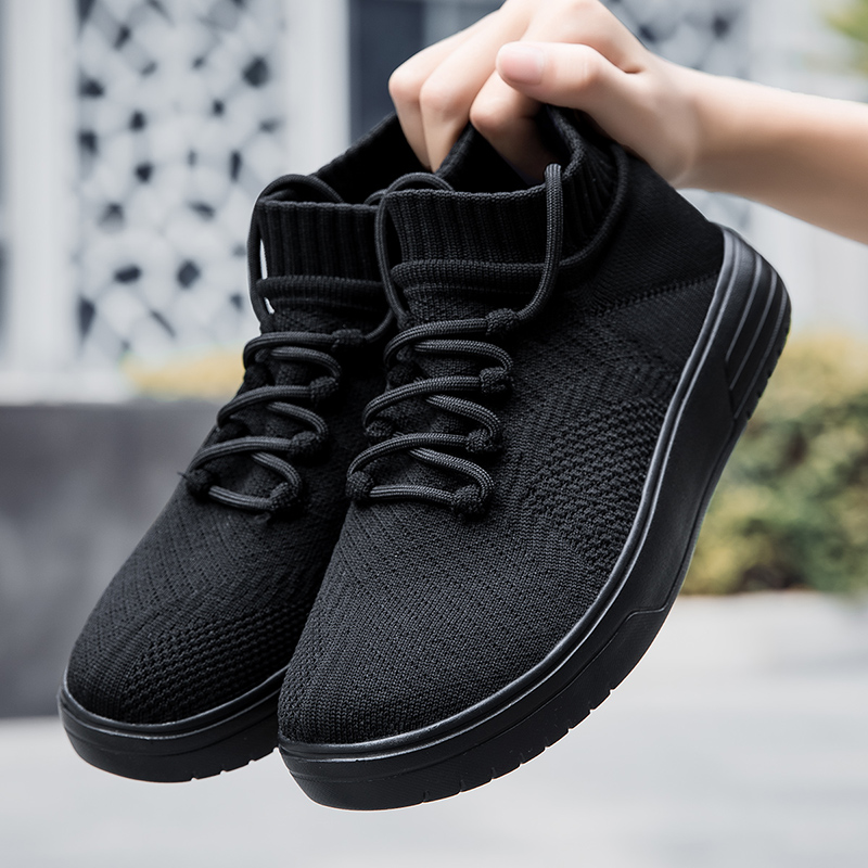 全黑飞织运动鞋女款网面透气高帮弹性袜子鞋轻便不累脚防滑工作鞋