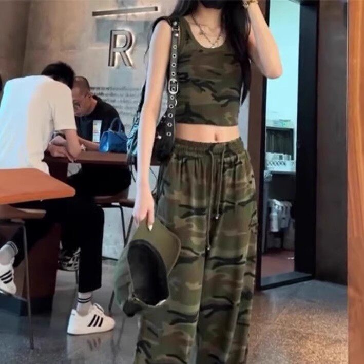 夏季新款迷彩弹力休闲裤女小个子松紧腰抽绳阔腿裤高腰显瘦直筒裤