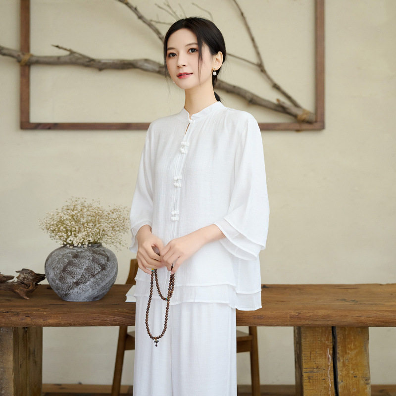 2026新款夏季新中式太极服女白色中袖飘逸套装气功练功服禅修服女图片