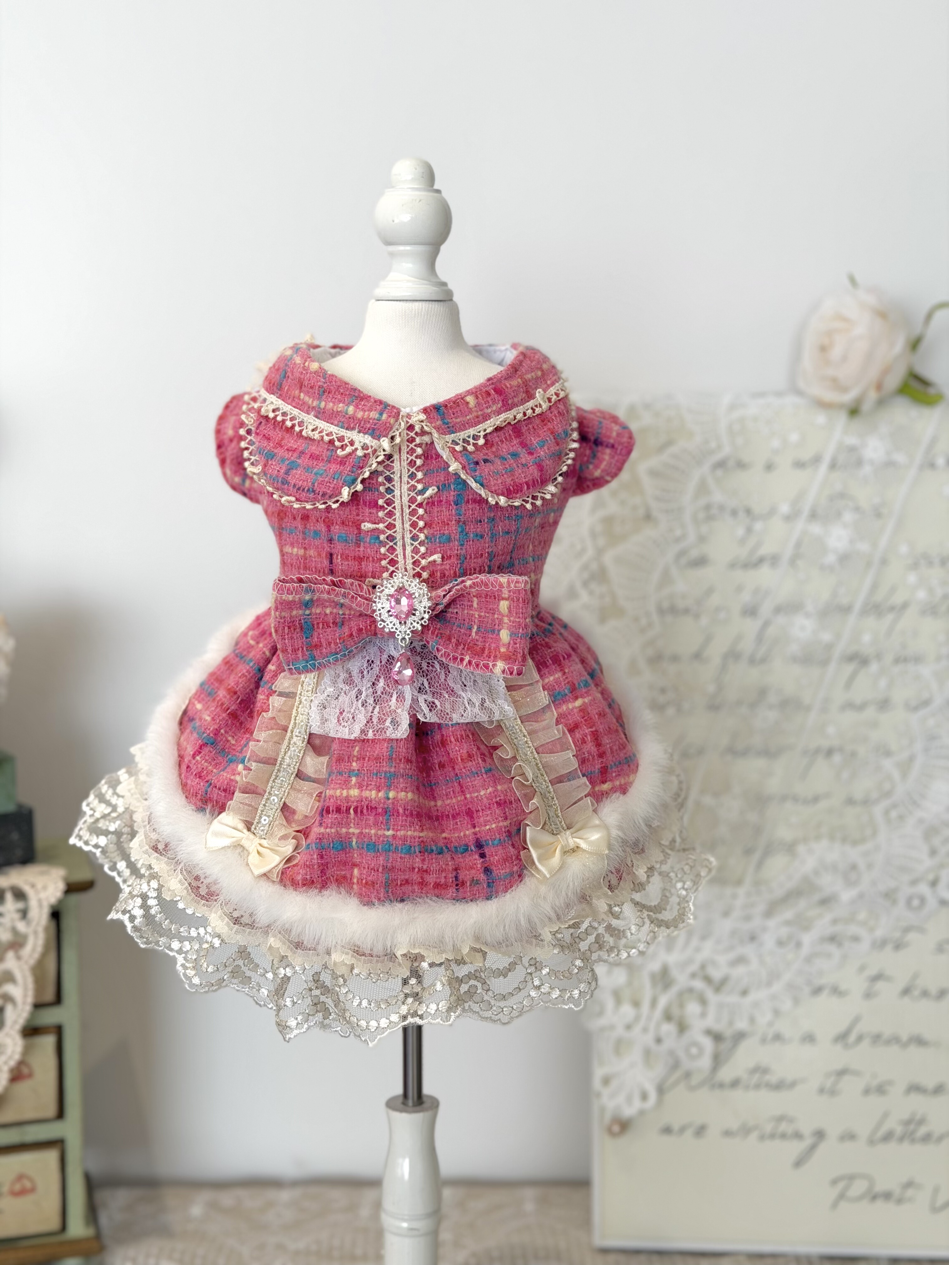 AW玫粉色小香风毛呢秋冬小香风水滴宝石上镜生日聚会裙宠物衣服裙,宠物/宠物食品及用品,猫宠物服装/雨衣（新）,淘宝优惠券,粉丝福利购,淘宝优惠卷