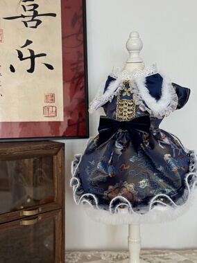 AW深海祥云白驹仿宋锦花边黑色植绒爱心重工新年宠物猫咪上镜深色